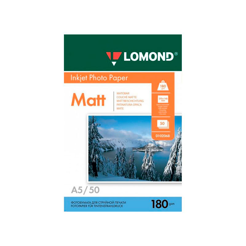 Фото Фотобумага Lomond одностороняя матовая, 180 г/м², A5 (21x15 см), 50 листов {0102068}
