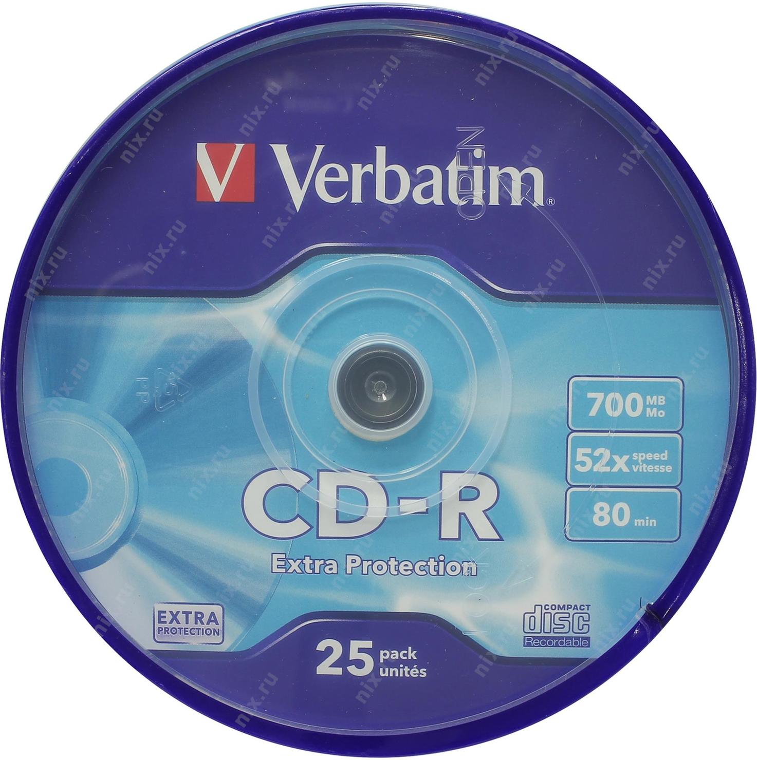 Фото Диск CD-R Verbatim 700 Mb, 52x, Cake Box (25), DL (25/200) {43432} (1)