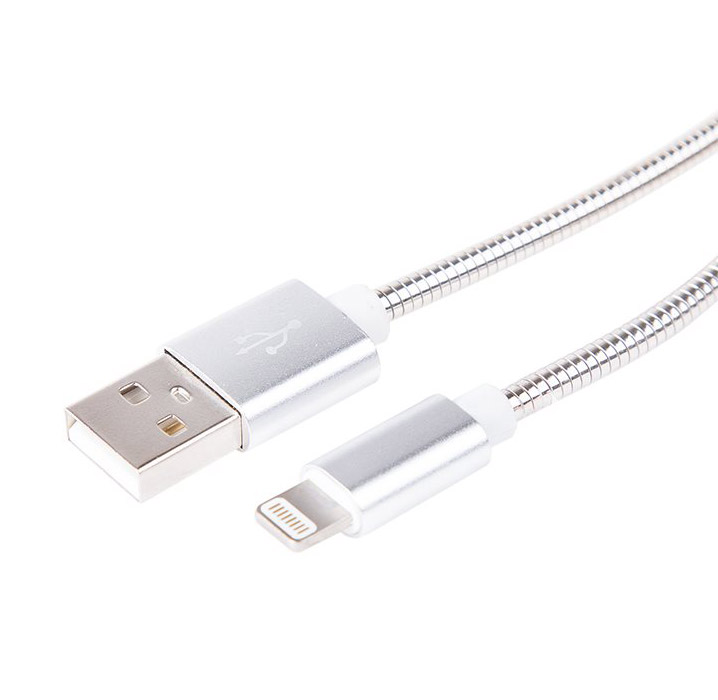 Фото USB кабель для iPhone 5/6/7 моделей, шнур в металлической оплетке серебристый REXANT {18-4247}