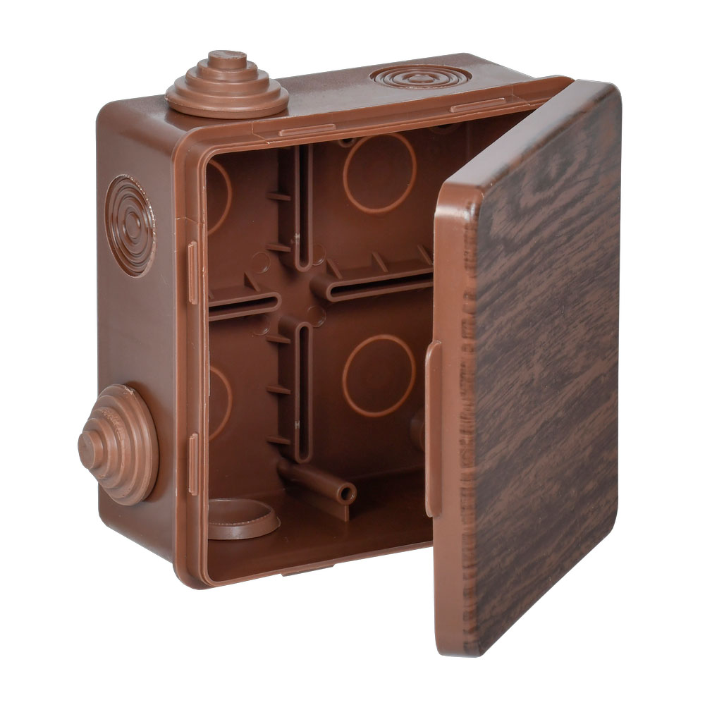 Фото Коробка распаячная ОП КМ 100х100х50 IP54 откид. крышка 8 вводов дуб IEK UKO31-100-100-050-K24-54 (1)