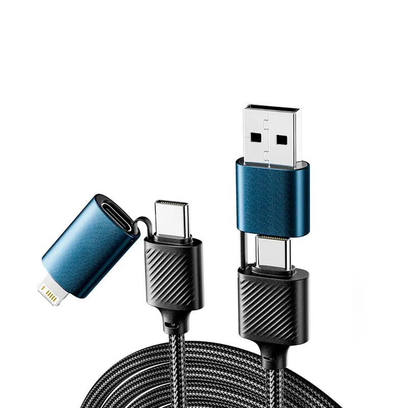 Фото Кабель 4в1 USB-A, Type-C, Type-C, Lightning 65Вт, 1м, в черной нейлоновой оплетке REXANT {18-7094}