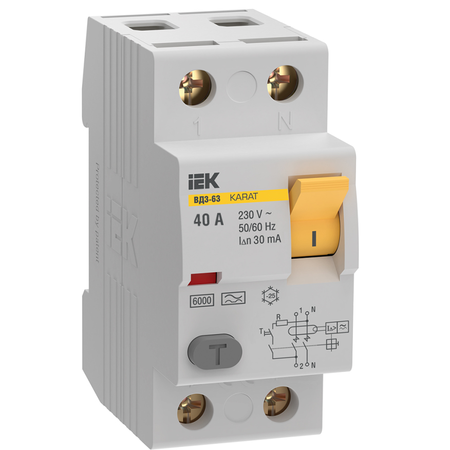 Фото Выключатель дифференциального тока (УЗО) 2п 40А 30мА 6кА тип A ВД3-63 KARAT IEK MDV21-2-040-030