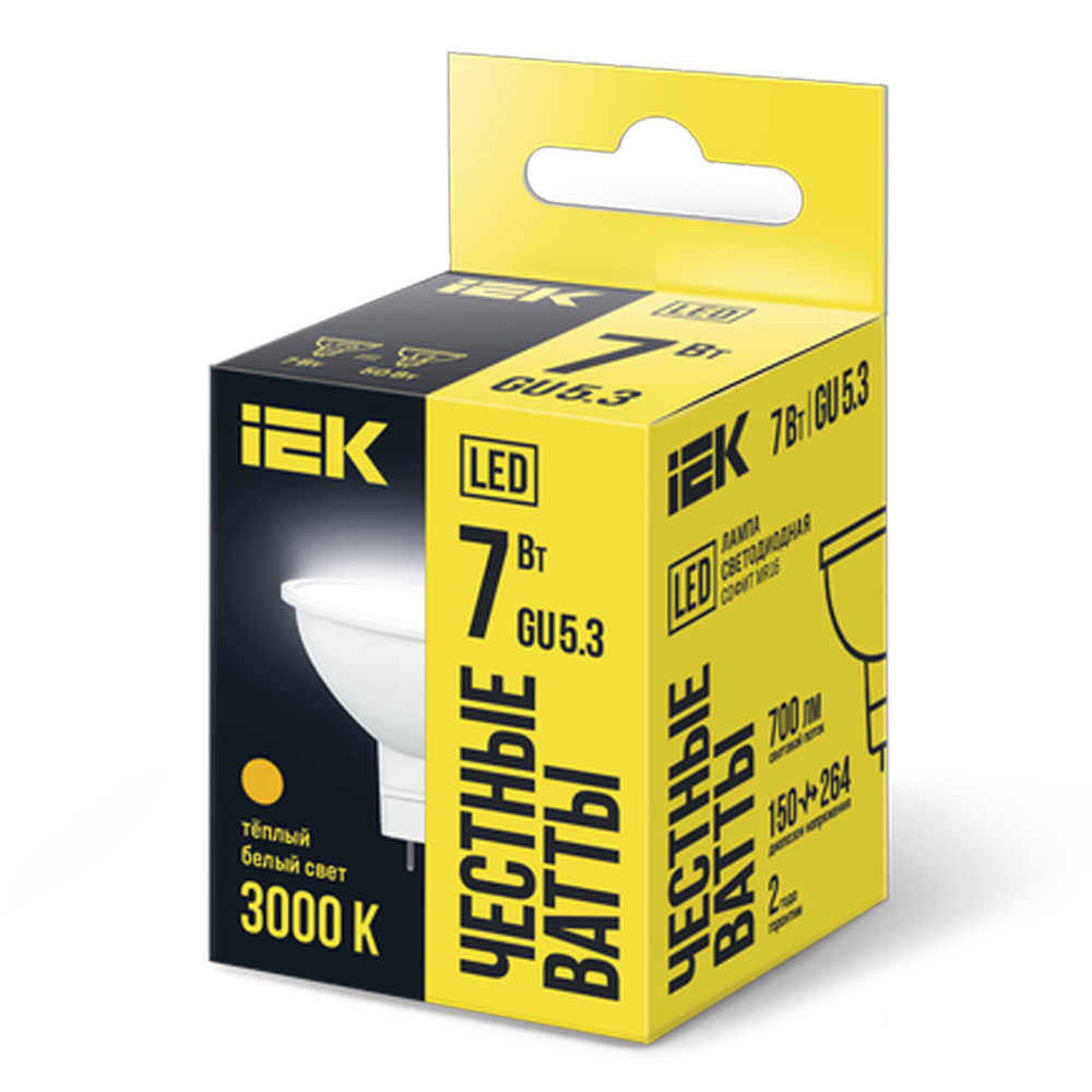 Фото Лампа светодиодная ECO MR16 7Вт 3000К тепл. бел. GU5.3 630лм 230-240В ИЭК LLE-MR16-7-230-30-GU5