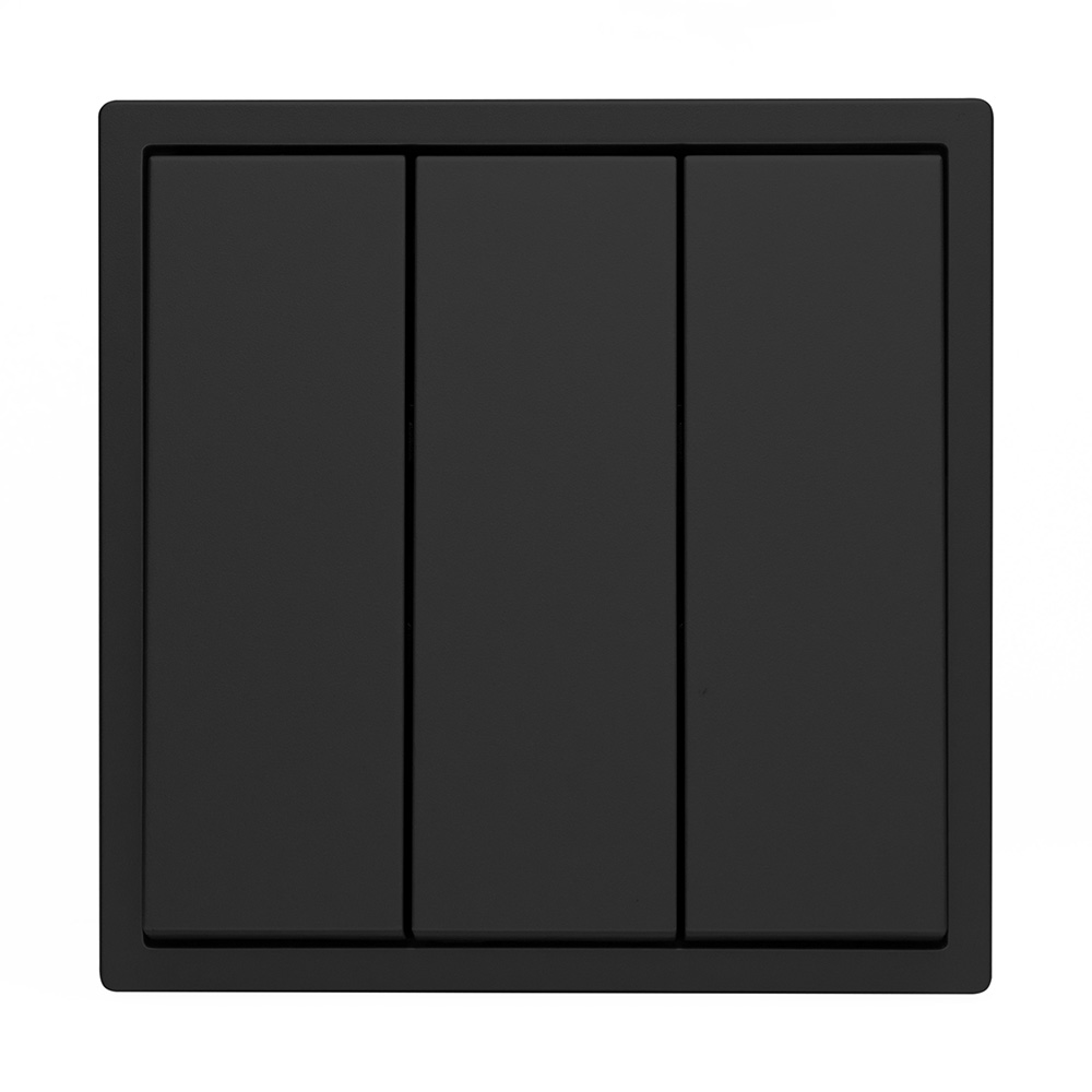 Фото Выключатель черный, трехклавишный, 1 пост, с тонкой пластиковой рамкой Vell {BK1P-3L-Grand} (3)