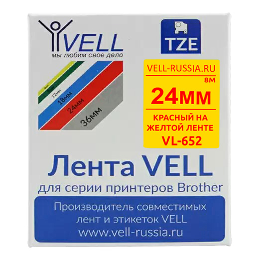 Фото Лента Vell VL-652 (Brother TZE-652, 24 мм, красный на желтом) для PT D600/2700/P700/P750/ PTE550/9700/P900 {Vell-652}