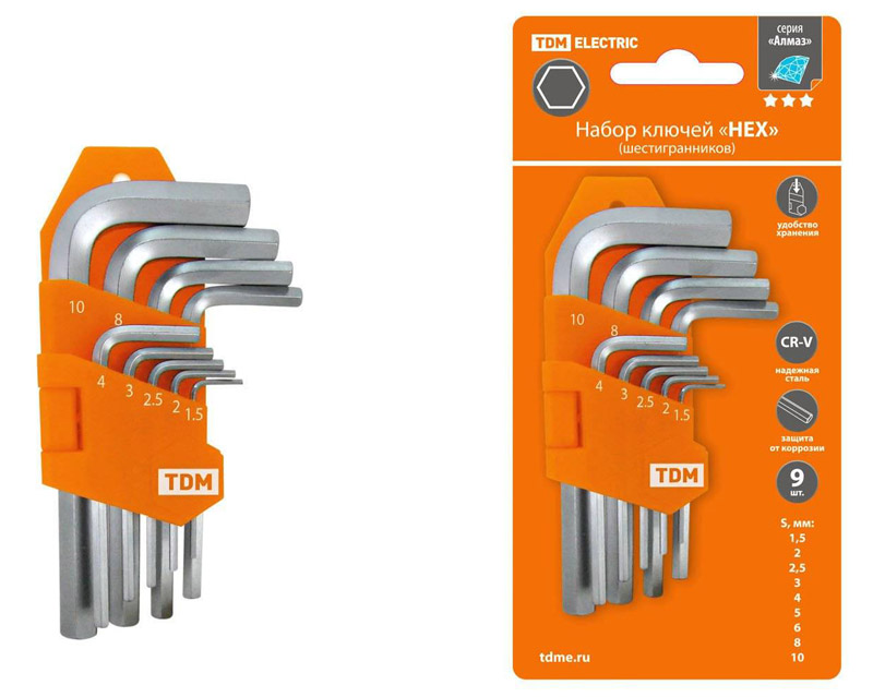 Фото Набор ключей "HEX" 9 шт.: 1.5-10 мм, короткие, (держатель в блистере), CR-V сталь "Алмаз" TDM {SQ1020-0101} (1)
