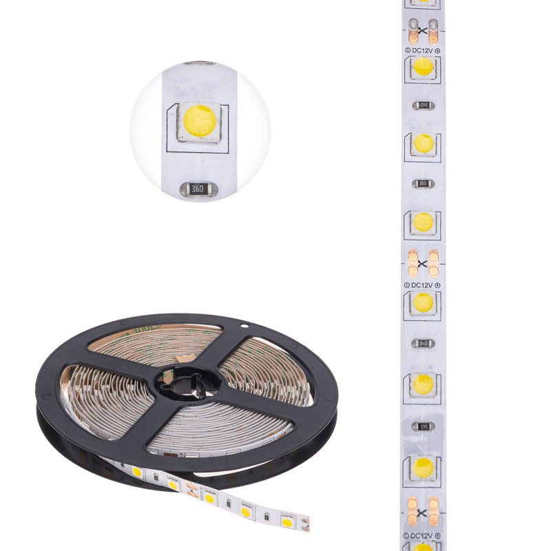 Фото Лента светодиодная 12В, SMD5050, 14,4Вт/м, 60 LED/м, 4000К, 10мм, 5м, для БП с клеммами, IP20 LAMPER {141-2026}