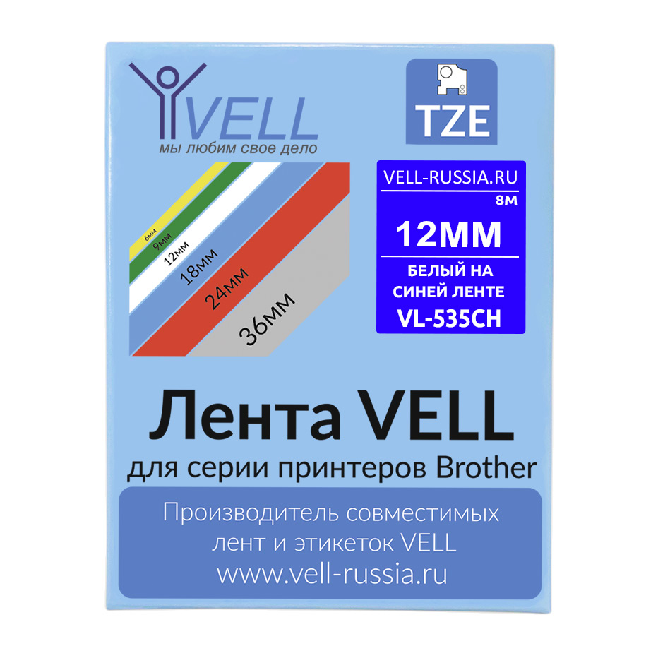 Фото Лента Vell VL-535CH (с чипом, 12 мм, белый на синем) для Puty PT-100E/100ECH/Brother D200/E110/ D600/E300/2700/ P700/E550/P900 {Vell-535CH}