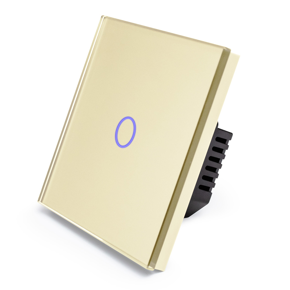 Фото Сенсорный выключатель с нулем, золотой, одноклавишный, 1 пост, с Wi-Fi, с Алисой, стеклянная панель Vell {GD1P-1G-S} (1)