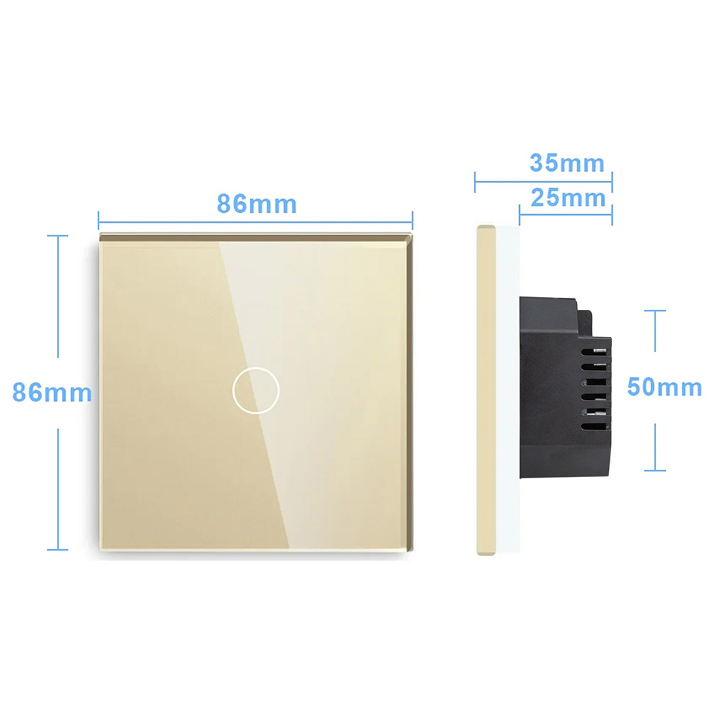 Фото Сенсорный выключатель с нулем, золотой, одноклавишный, 1 пост, с Wi-Fi, с Алисой, стеклянная панель Vell {GD1P-1G-S} (4)