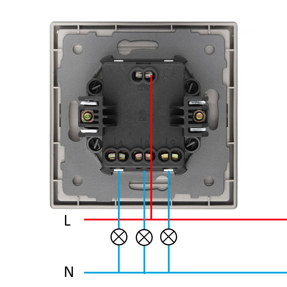 Фото Выключатель золотой, трехклавишный, 1 пост, с тонкой пластиковой рамкой Vell {GD1P-3L-Grand} (2)