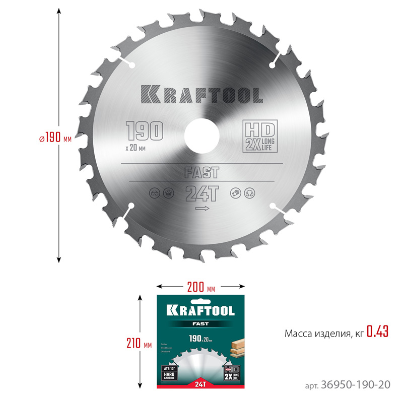 Фото Пильный диск по дереву KRAFTOOL Fast, 190 х 20 мм, 24Т {36950-190-20} (3)