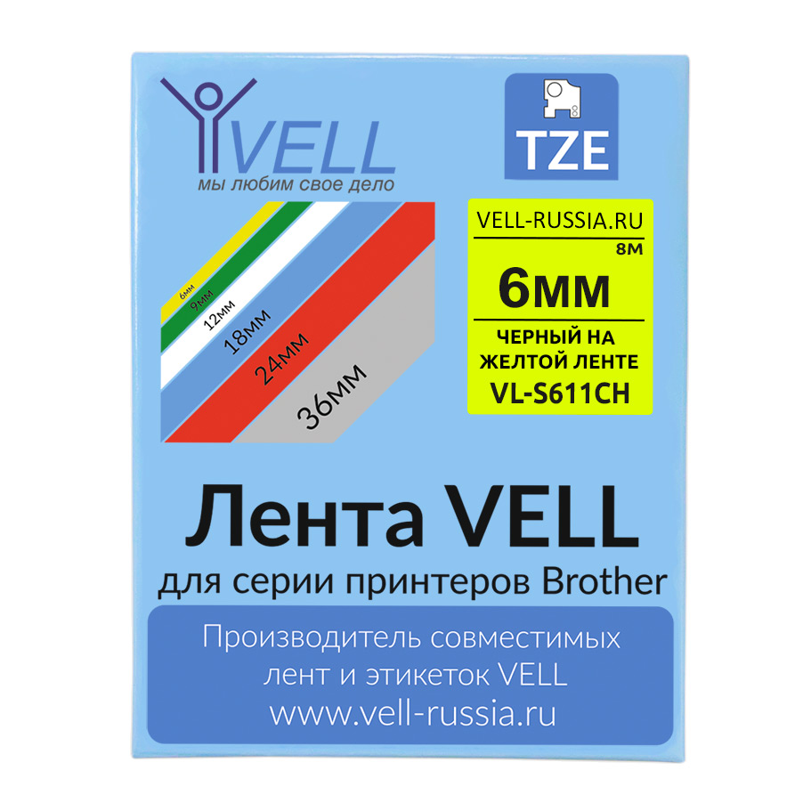 Фото Лента Vell VL-S611CH (с чипом, 6 мм, черный на желтом) для Puty PT-100E/100ECH/Brother D200/E110/ D600/E300/P700/E550/P900 {Vell-S611CH}