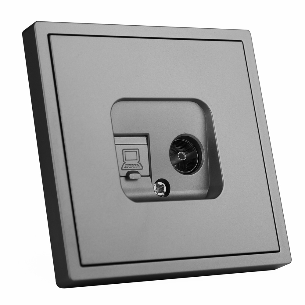 Фото Розетка серая, 1 пост, TV + RJ (CAT 6) разъем, с тонкой пластиковой рамкой Vell {GY-TV-RJ-Grand}