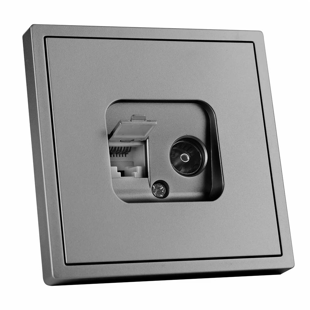 Фото Розетка серая, 1 пост, TV + RJ (CAT 6) разъем, с тонкой пластиковой рамкой Vell {GY-TV-RJ-Grand} (3)