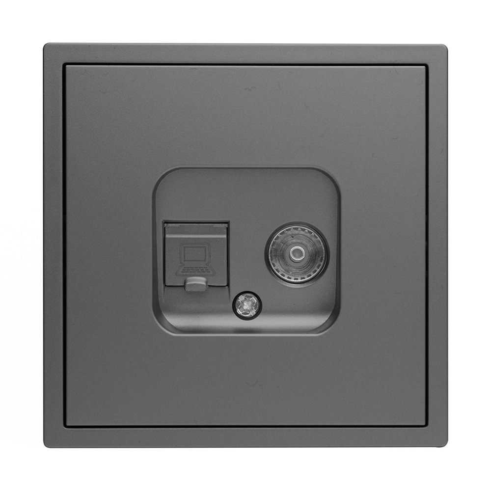 Фото Розетка серая, 1 пост, TV + RJ (CAT 6) разъем, с тонкой пластиковой рамкой Vell {GY-TV-RJ-Grand} (4)