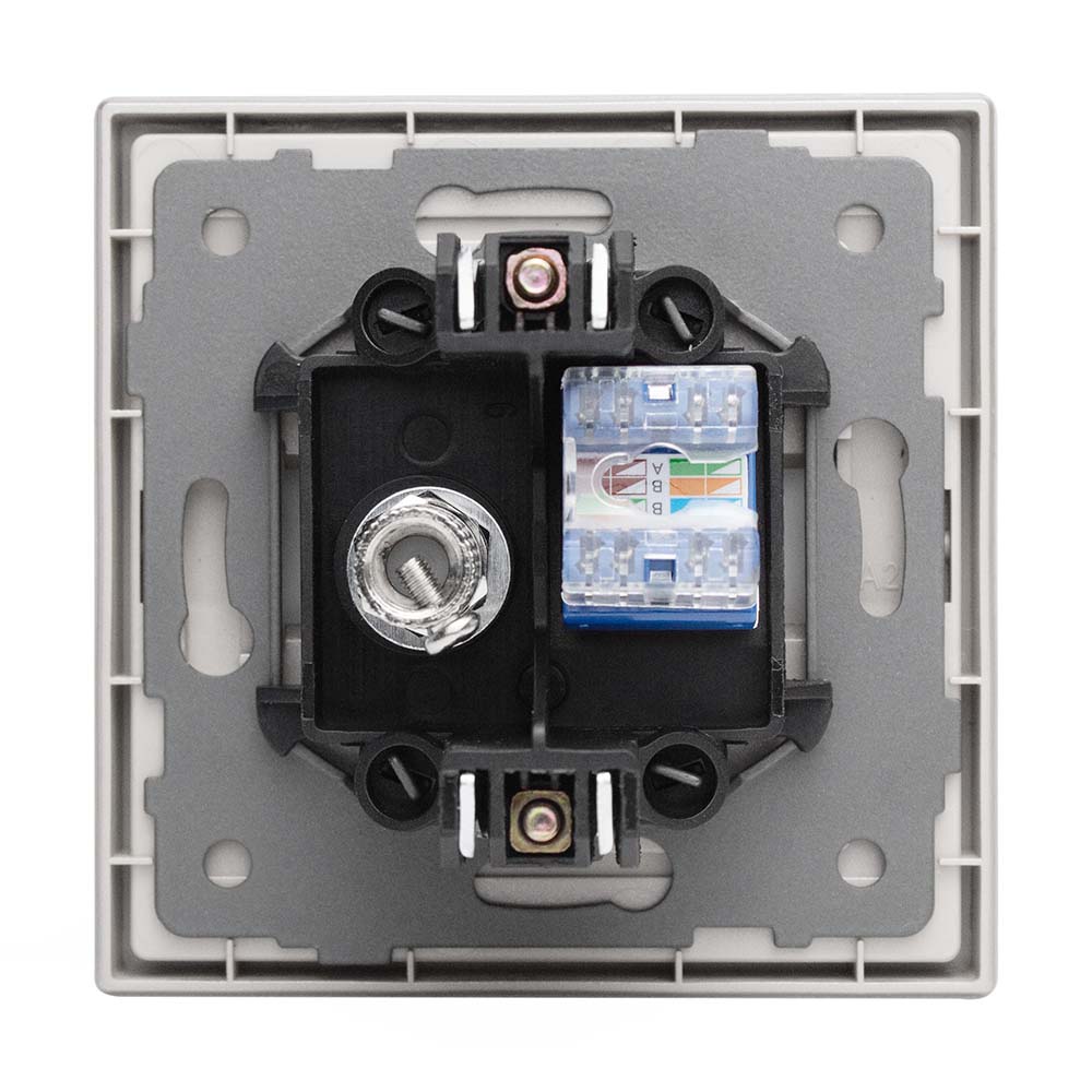 Фото Розетка серая, 1 пост, TV + RJ (CAT 6) разъем, с тонкой пластиковой рамкой Vell {GY-TV-RJ-Grand} (2)