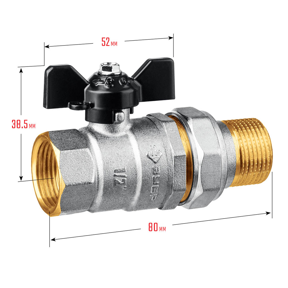 Фото Полнопроходной шаровой кран с накидной гайкой ЗУБР d 1/2", ручка "бабочка", "мама-папа" {51321-1/2} (1)