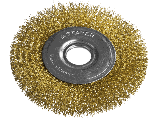 Фото STAYER "PROFESSIONAL". Щетка дисковая для УШМ, витая стальная латунированная проволока 0,3 мм, 175 ммх22 мм {35122-175}