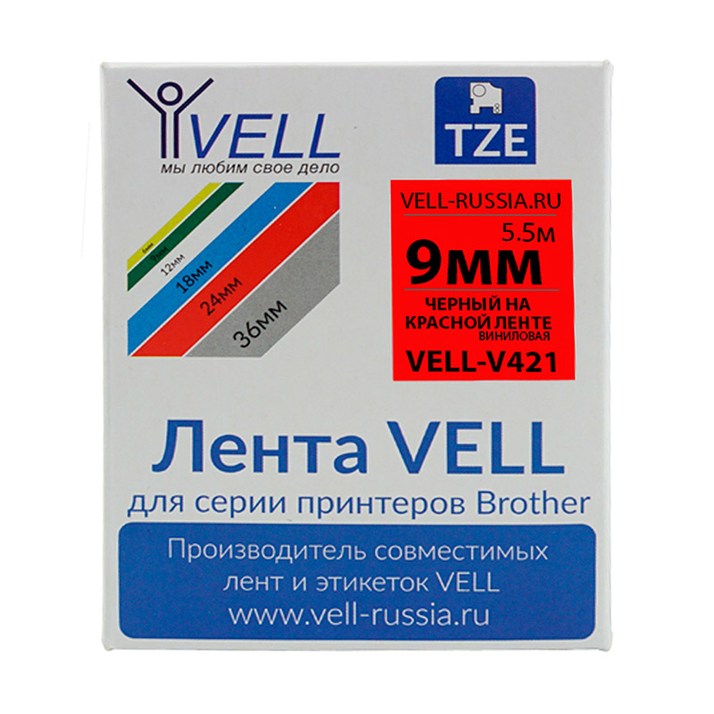 Фото Лента виниловая Vell V-421 (9 мм, черный на красном) для PT 1010/1280/D200/H105/E100/ D600/E300/2700/ P700/E550/9700 {Vell-V421}