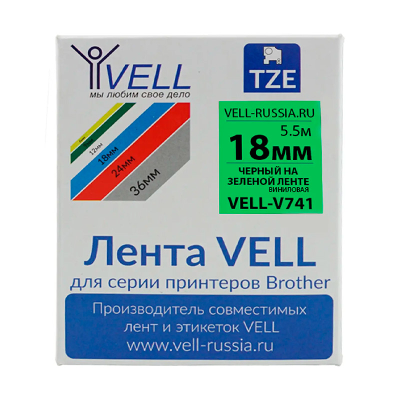 Фото Лента виниловая Vell V-741 (18 мм, черный на зеленом) для PT D450/D600/E300/2700/ P700/P750/E550/9700/P900/2430 {Vell-V741}