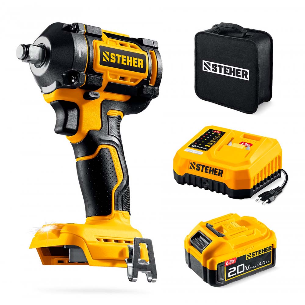 Фото Бесщеточный ударный гайковерт, 500 Н·м, 1 АКБ LMS {4 А·ч}, 20 В, сумка, STEHER {CWB-500-41} (1)