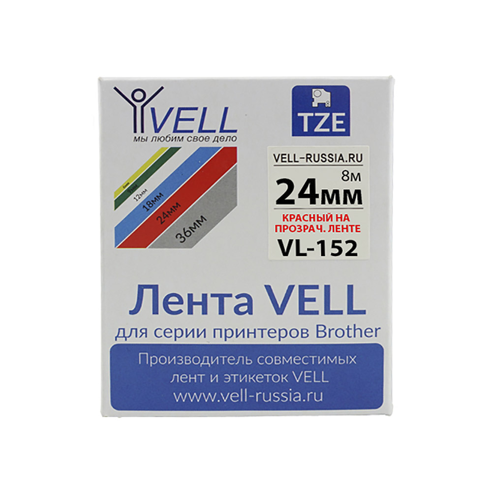 Фото Лента Vell VL-152 (Brother TZE-152, 24 мм, красный на прозрачном) для PT D600/2700/P700/P750/ PTE550/9700/P900 {Vell-152}