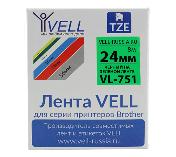 Фото Лента Vell VL-751 (Brother TZE-751, 24 мм, черный на зеленом) для PT D600/2700/P700/P750/ PTE550/9700/P900