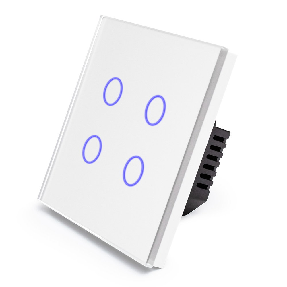 Фото Сенсорный выключатель с нулем, белый, четырехклавишный, 1 пост, с Wi-Fi, с Алисой, стеклянная панель Vell {WH1P-4G-S} (1)