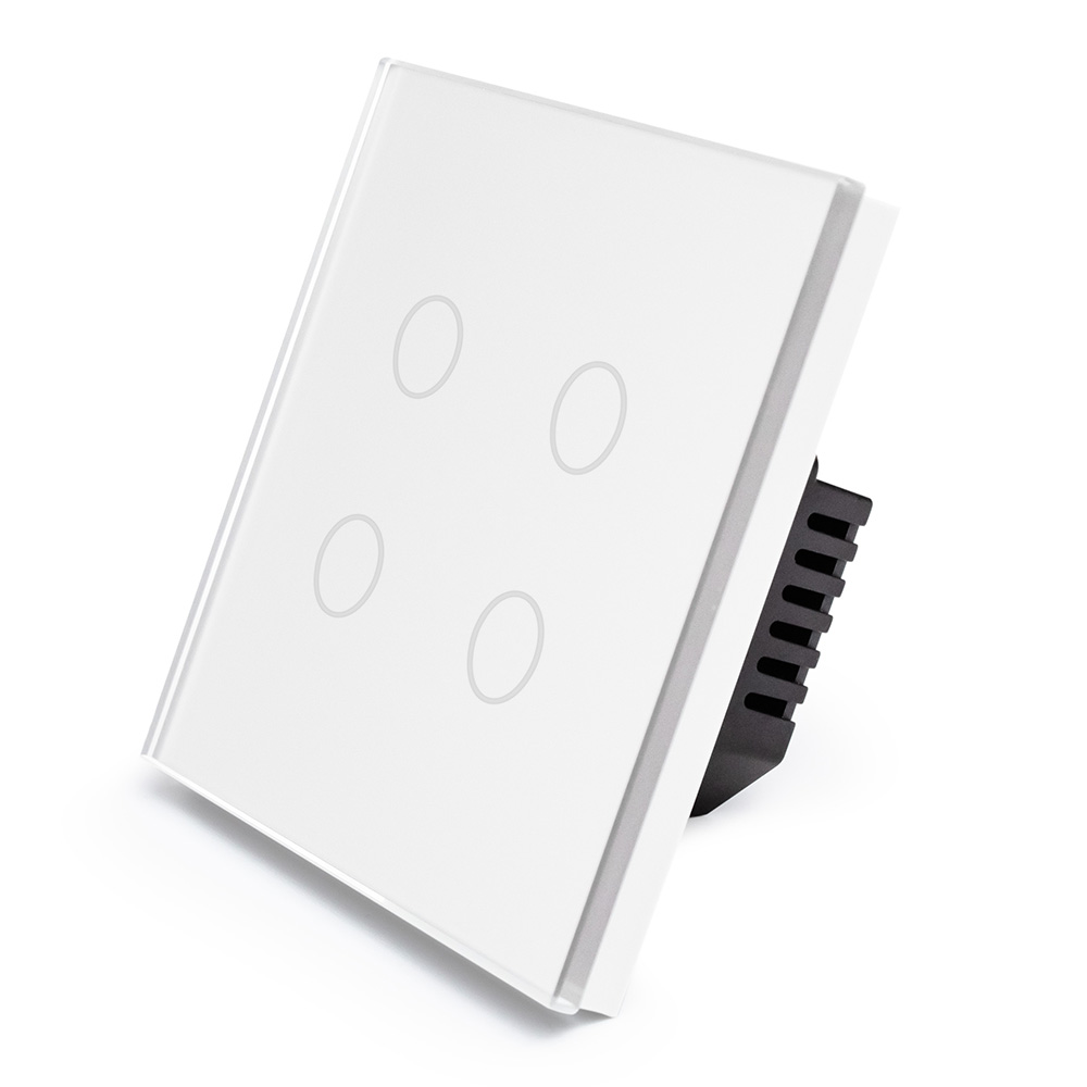 Фото Сенсорный выключатель с нулем, белый, четырехклавишный, 1 пост, с Wi-Fi, с Алисой, стеклянная панель Vell {WH1P-4G-S}