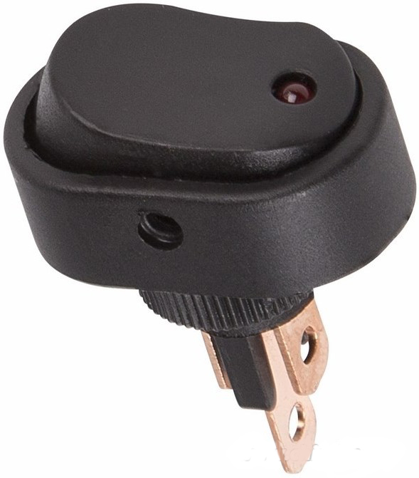Фото Овальный выключатель клавишный Rexant ON-OFF черный с красной LED подсветкой (12В 20А (3с)) {36-2670}