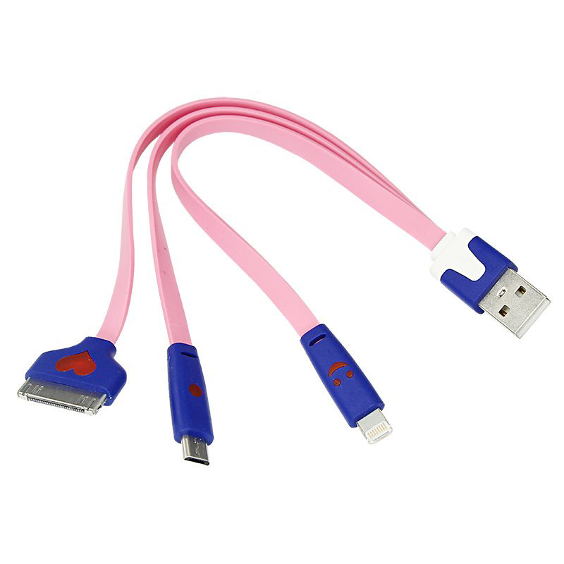 Фото USB кабель 3 в 1 светящиеся разъемы для iPhone 5/4/microUSB шнур 0.15 м розовый {18-4251}