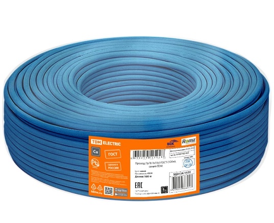Фото Провод ПуГВ 1х10,0 ГОСТ синий TDM {SQ0124-1552} (2)
