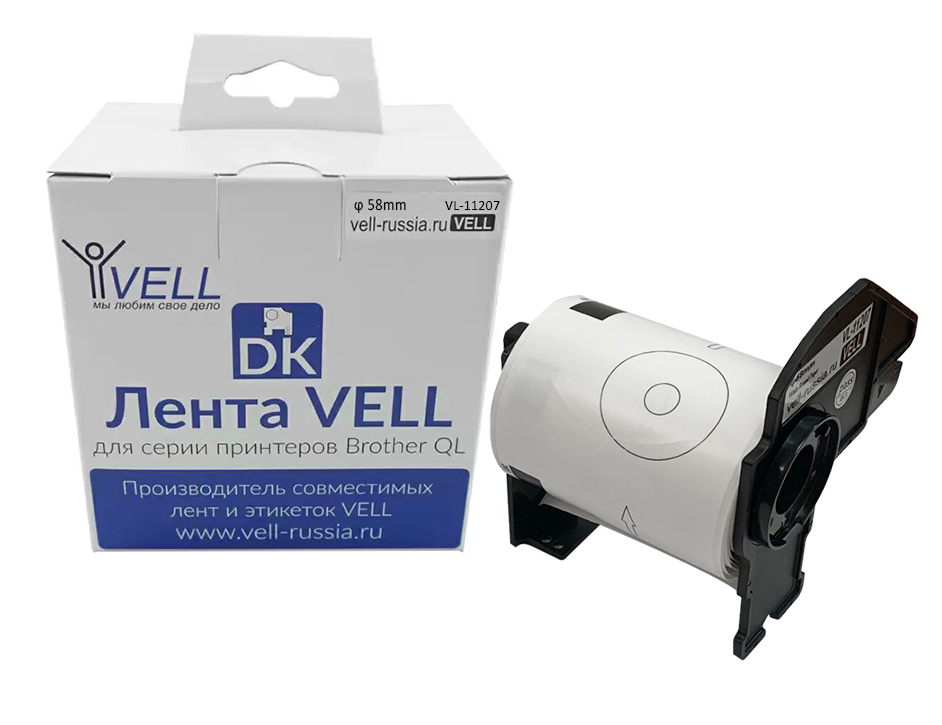 Фото Лента Vell VL-B-DK 11207 для CD дисков (Brother DK11207), черная на белом, 58 мм х 58 мм, для QL570/710W/720NW/800/810W/820NW {VL-11207}