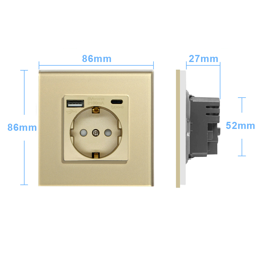 Фото Розетка электрическая, золотая, 1 пост, USB-A, USB-C, стеклянная рамка Vell {GD1P-EUAC} (2)