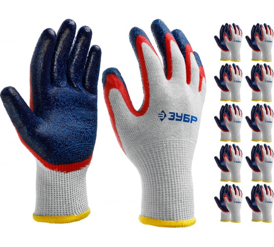 Фото ЗУБР ЗАХВАТ-2, размер L-XL, перчатки с двойным текстурированным нитриловым обливом, 10 пар в упаковк {11454-K10}