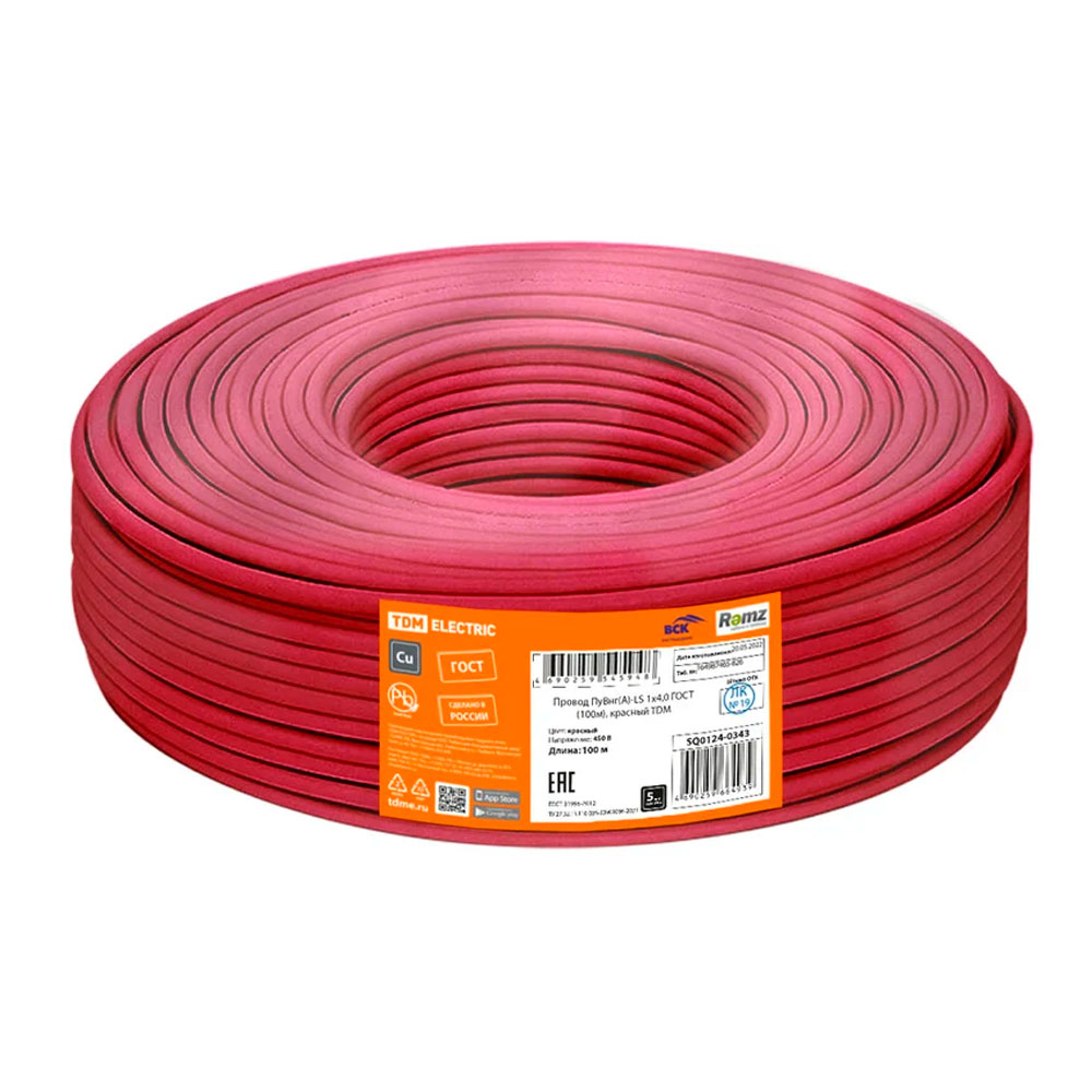 Фото Провод ПуВнг(А)-LS 1х4,0 ГОСТ, красный TDM Electric (1)