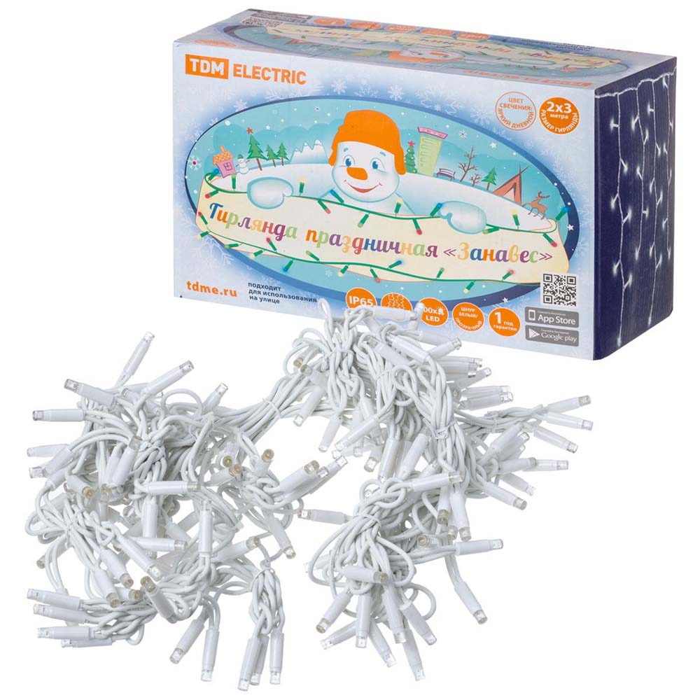 Фото Гирлянда светодиодная "Занавес" 2х3м, 600LED, 6500К, бел. шнур, посл. подкл, IP65, 250 В, TDM {SQ0361-0045} (1)