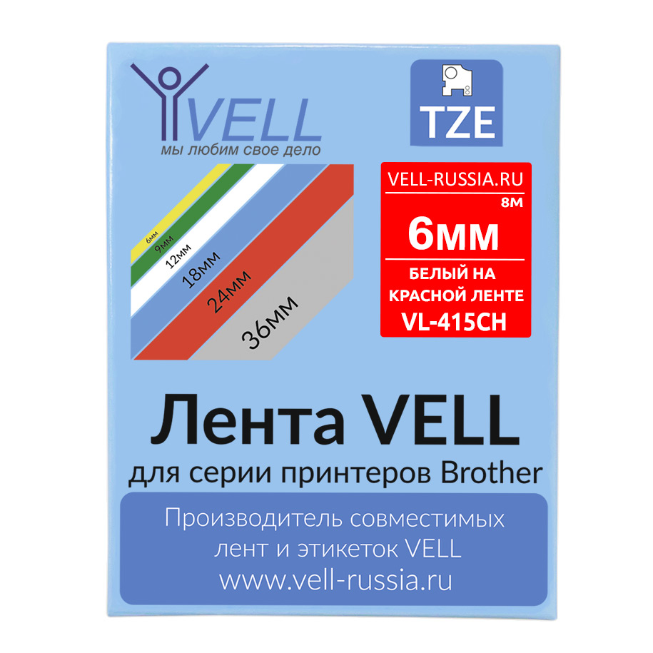 Фото Лента Vell VL-415CH (с чипом, 6 мм, белый на красном) для Puty PT-100E/100ECH/Brother D200/E110/ D600/E300/2700/ P700/E550/P900 {Vell-415CH}