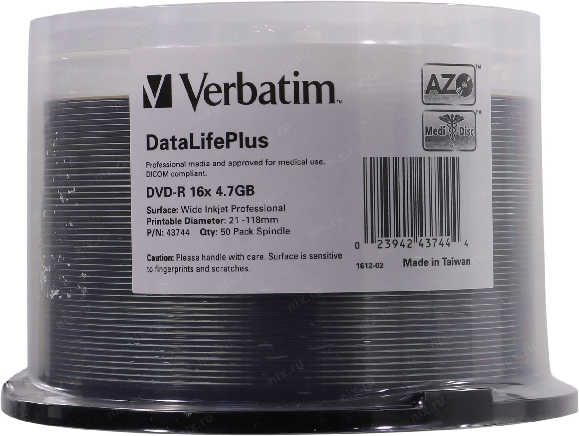 Фото Диск DVD-R Verbatim 4.7 Gb, 16x, Cake Box (50), Full Ink Printable Pro (50/200) {43744} (1)