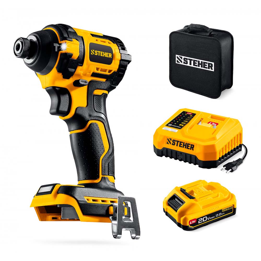 Фото Бесщеточный ударный винтоверт, 180 Н·м, 1 АКБ LMS {2 А·ч}, 20 В, сумка, STEHER {CSB-180-21} (1)
