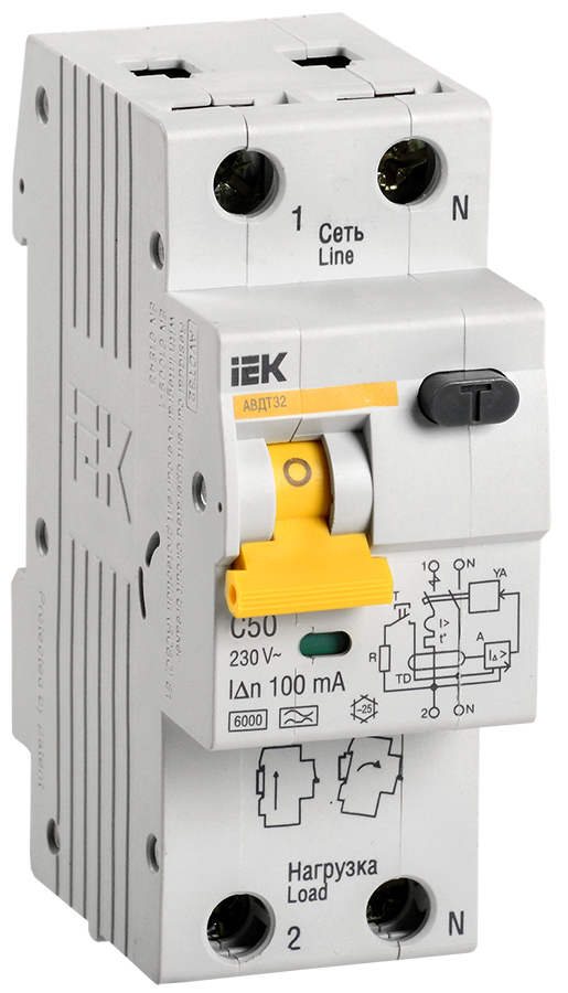 Фото IEK Автоматический выключатель дифференциального тока 32 C50 2P(1P+N) 100мА {MAD22-5-050-C-100}