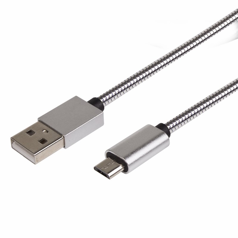 Фото USB кабель microUSB, шнур в металлической оплетке серебристый REXANT {18-4241}