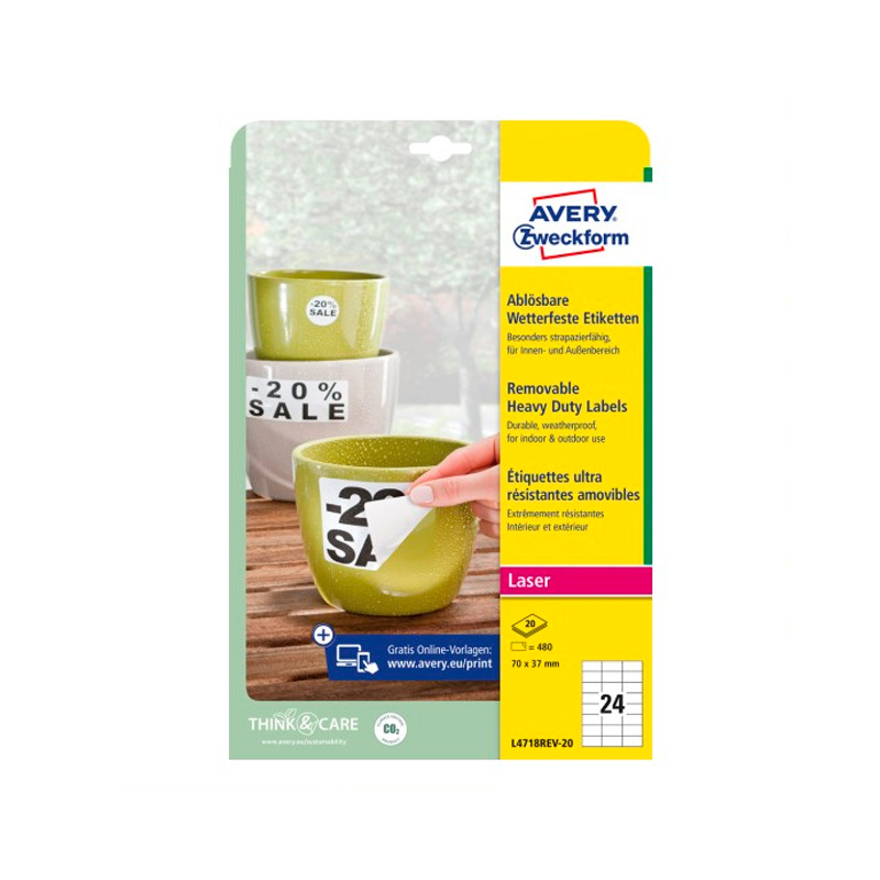 Фото Удаляемые этикетки всепогодные, 70 x 37 мм полиэстер, L+K+CL, бел., 480шт./ 20л. Avery Zweckform {L4718REV-20}