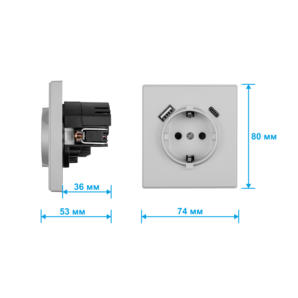 Фото Розетка электрическая, светло-серая, 1 пост, USB-A, USB-С, с рамкой Vell Air {V702088} (4)