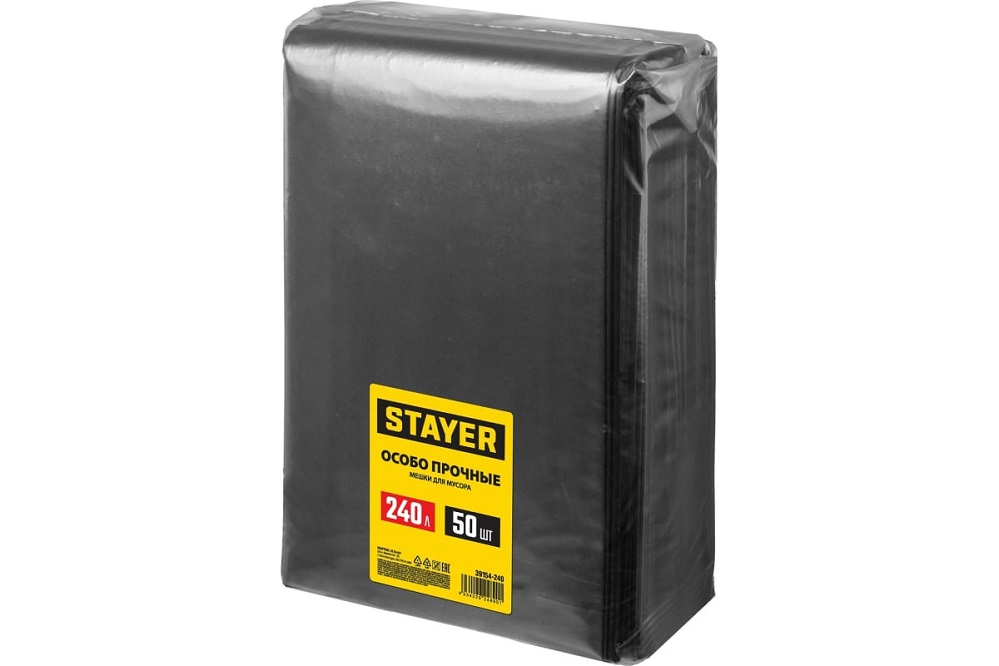 Фото Строительные мусорные мешки STAYER HEAVY DUTY, 240 л, 50 шт, черные, особопрочные {39154-240}