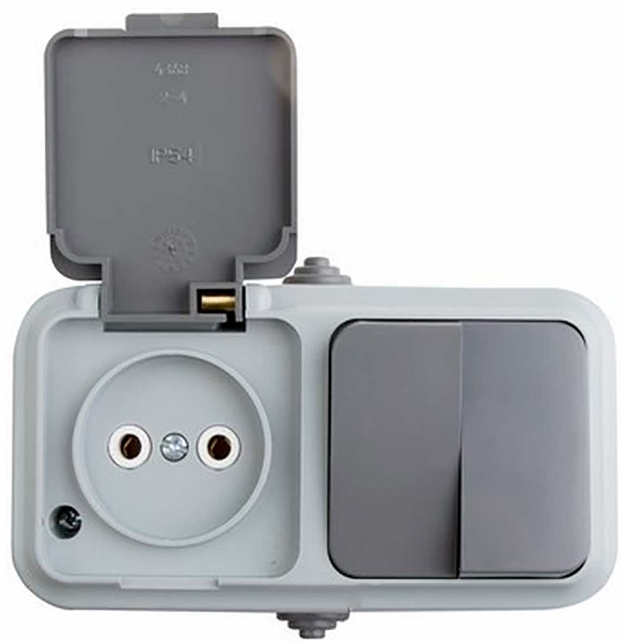 Фото Комбинированный выключатель Rexant двухклавишный с влагозащищенной розеткой, серый {78-0530}