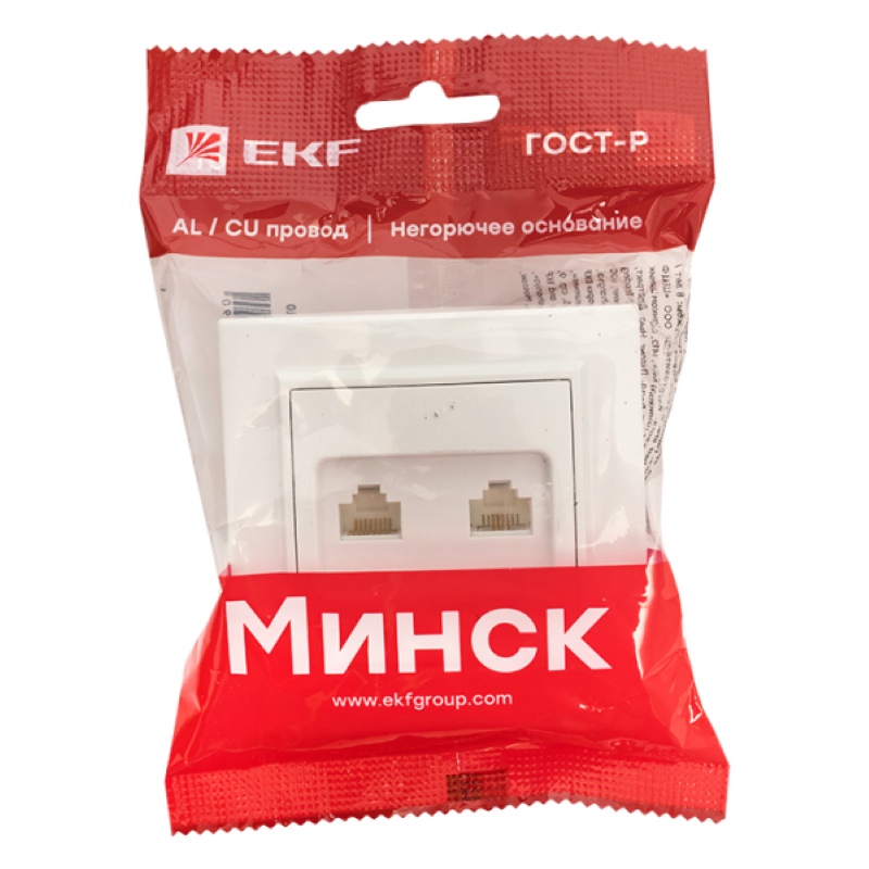 Фото Розетка компьютерная + телефонная 2-м СП Минск RJ45 + Phone бел. Basic EKF ERK00-135-10 (1)