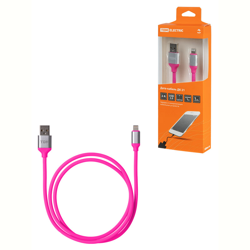 Фото Дата-кабель, ДК 21, USB - Lightning, 1 м, силиконовая оплетка, розовый, TDM {SQ1810-0321}