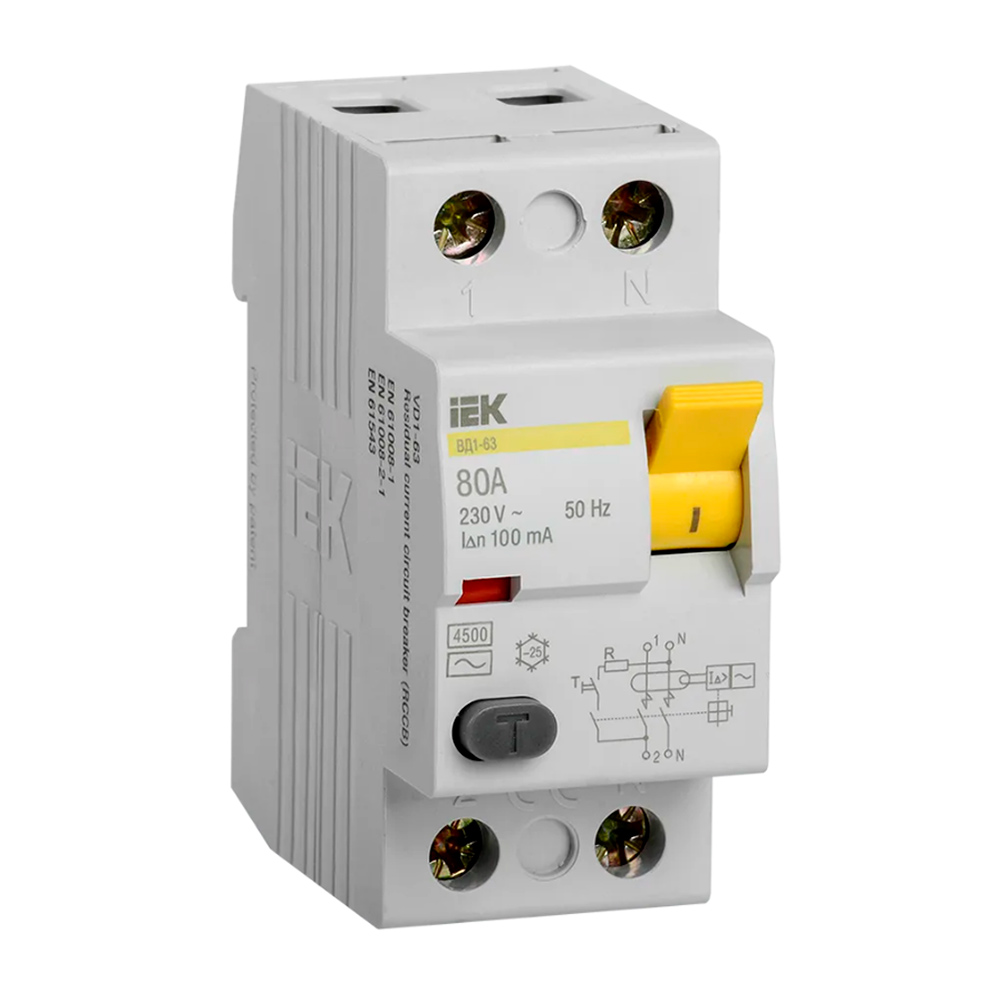 Фото Выключатель дифференциального тока (УЗО) 2п 80А 100мА тип AC ВД1-63 IEK MDV10-2-080-100